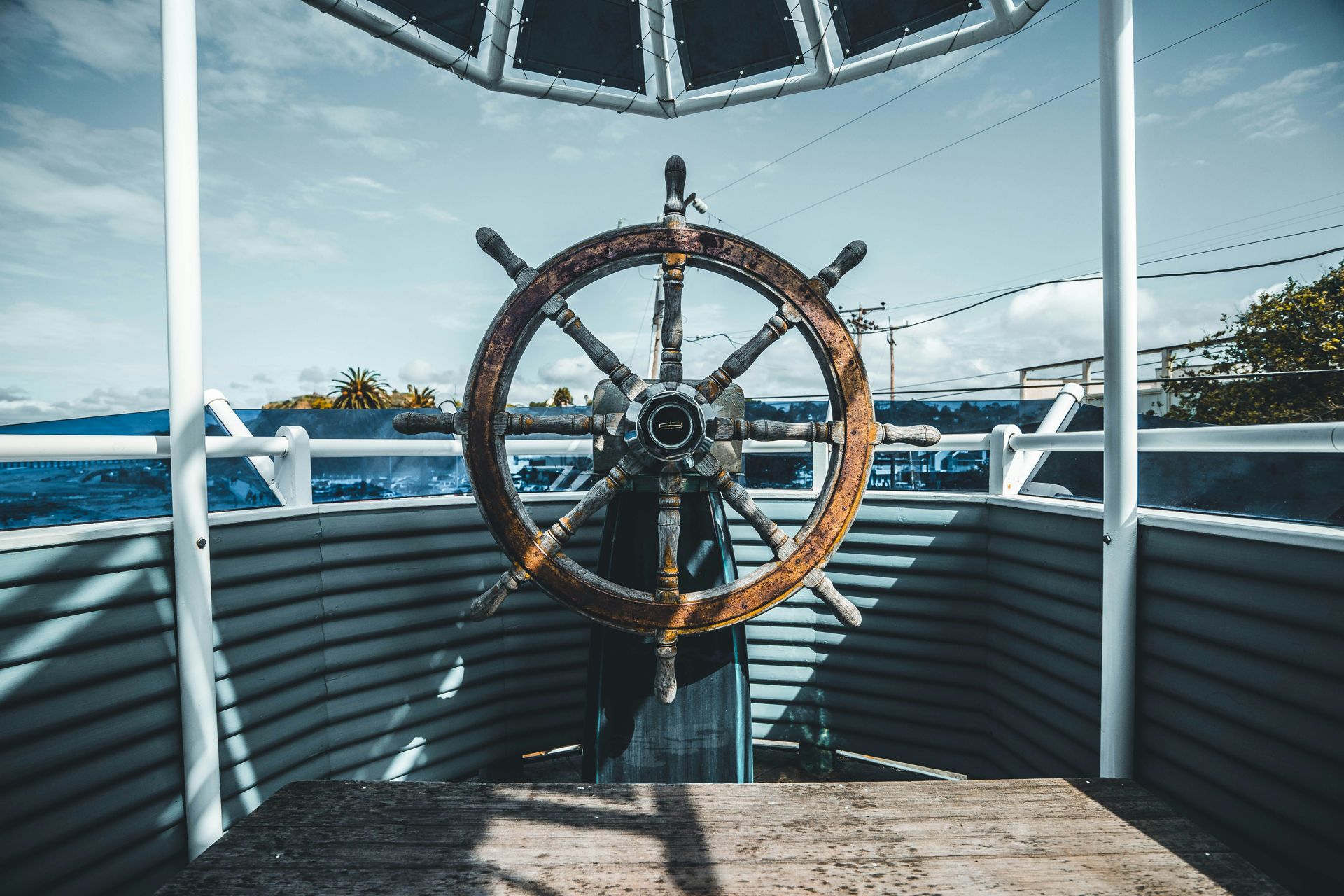 Ship's wheel on deck
